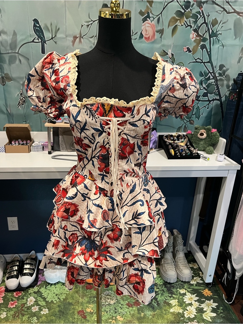 NWOT Current Mood Floral Puff-Sleeve Ruffled Mini Dress - Red & Blue Floral